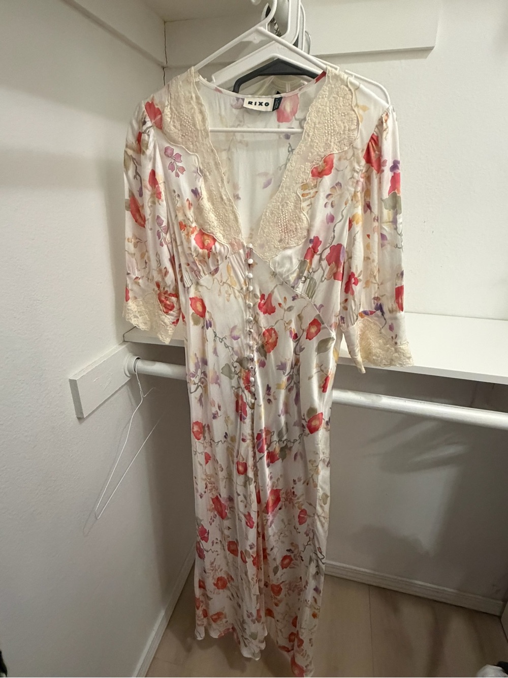 RIXO Ivory Satin Floral Lace-Trim Maxi Slip